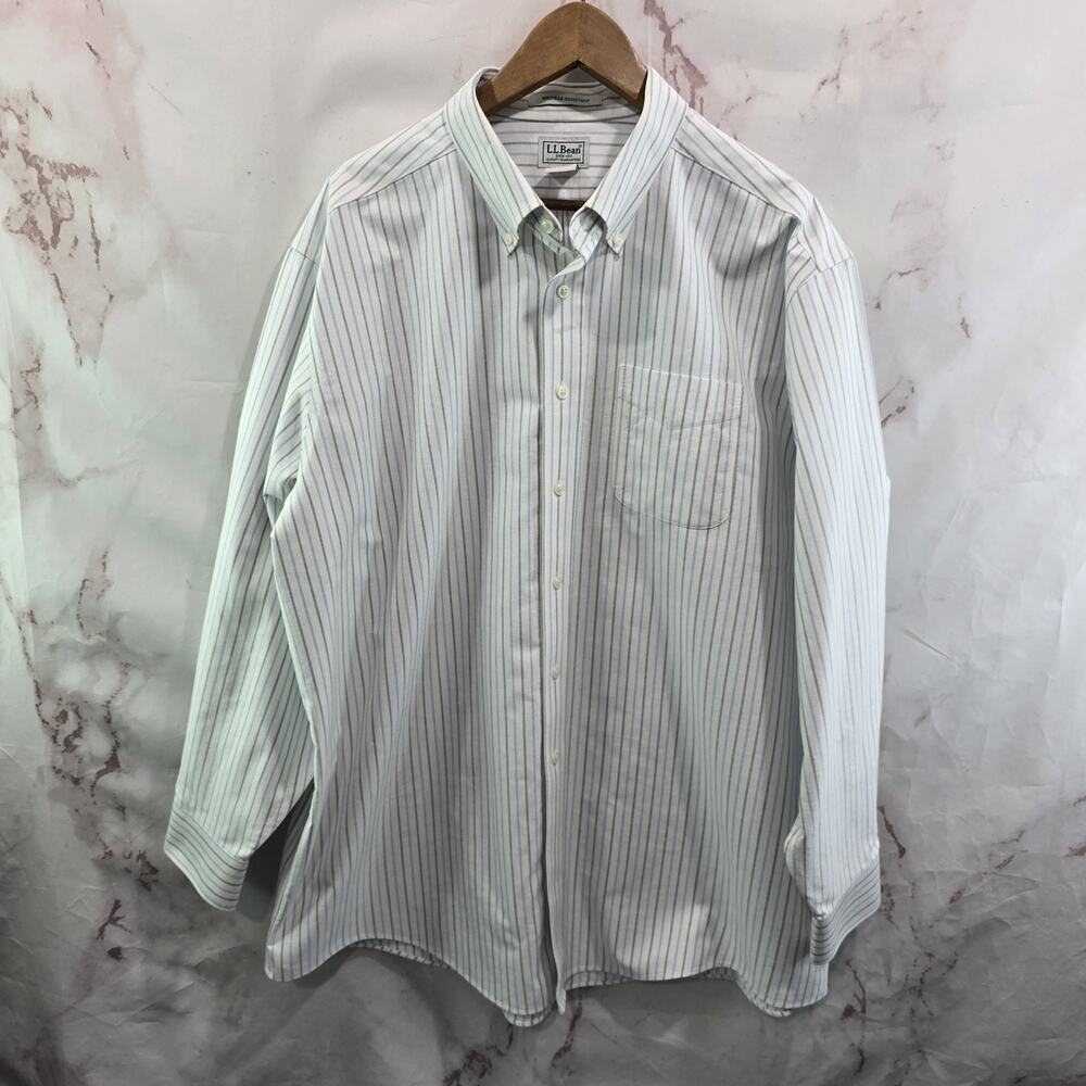 LL Bean Shirt Mens 3XL 18 White Stripe Button Up Wrinkle Resistant Long Sleeve